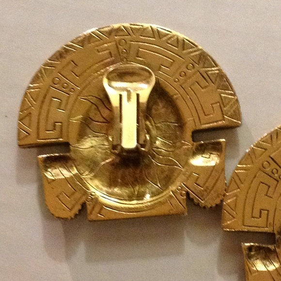 OOAK Retro XL Mayan Aztec Tribal Onyx Coral Stone Clip Earrings - Picture 5 of 8